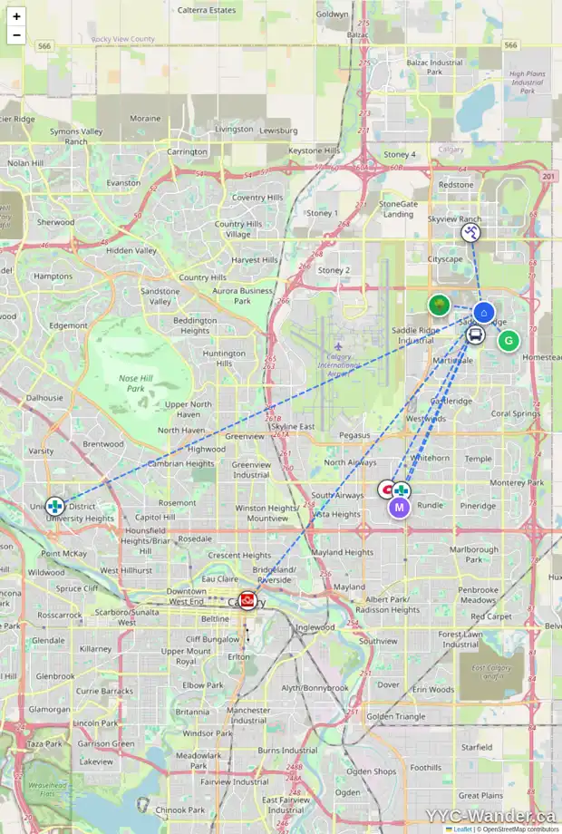 Daily accessibility map for 122 SADDLECREST CL NE, Calgary showing nearby schools, grocery stores, parks, LRT stations and nearby amenities
