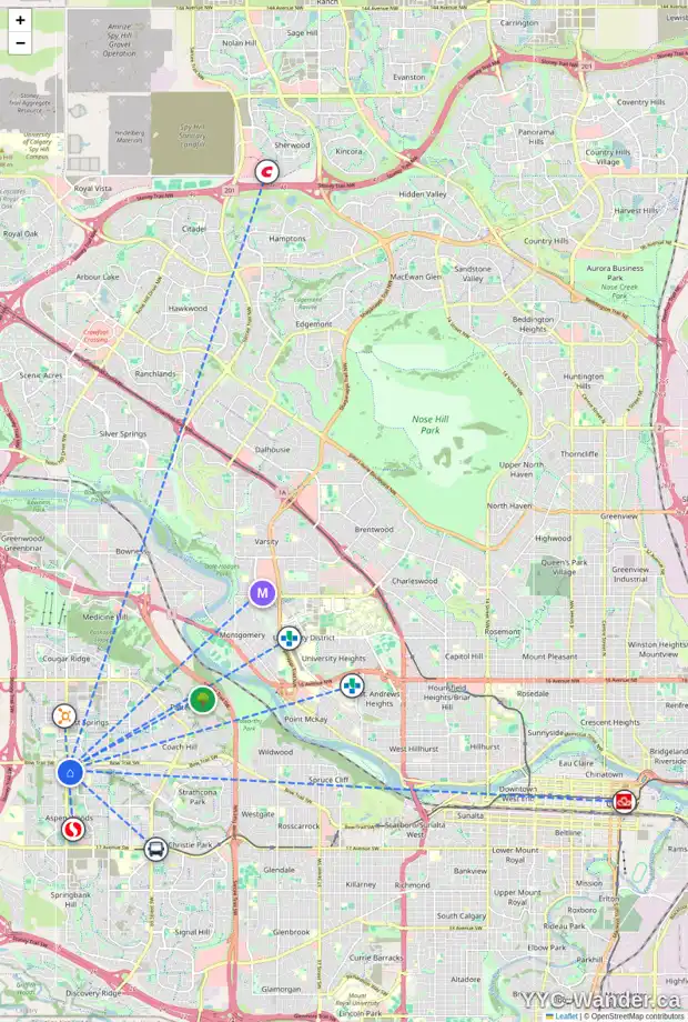 Daily accessibility map for 63 39 STRATHLEA CM SW, Calgary showing nearby schools, grocery stores, parks, LRT stations and nearby amenities