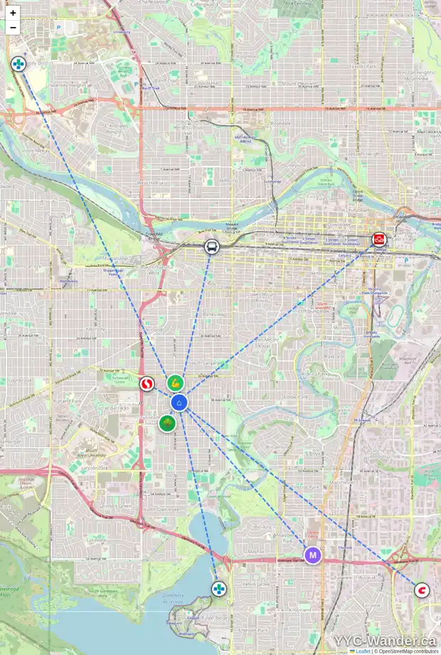 Daily accessibility map for 2042 38 AV SW, Calgary showing nearby schools, grocery stores, parks, LRT stations and nearby amenities