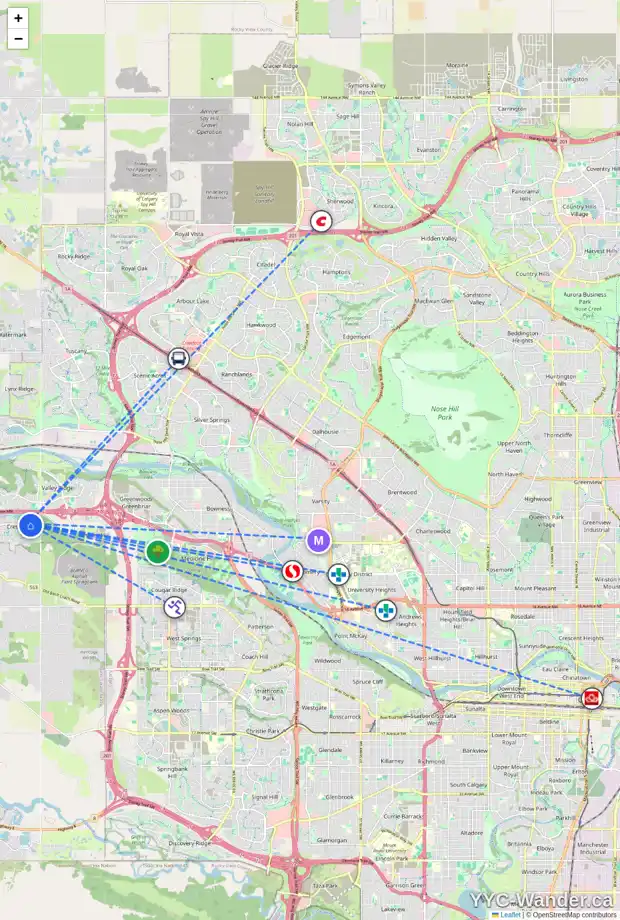 Daily accessibility map for 15 CRESTRIDGE WY SW, Calgary showing nearby schools, grocery stores, parks, LRT stations and nearby amenities