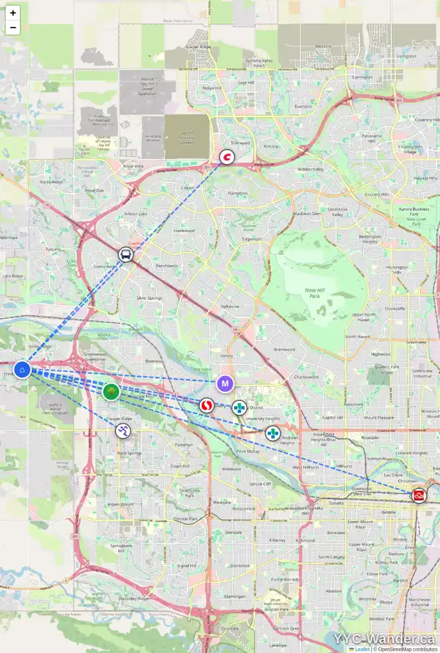 Daily accessibility map for 51 CRESTRIDGE WY SW, Calgary showing nearby schools, grocery stores, parks, LRT stations and nearby amenities