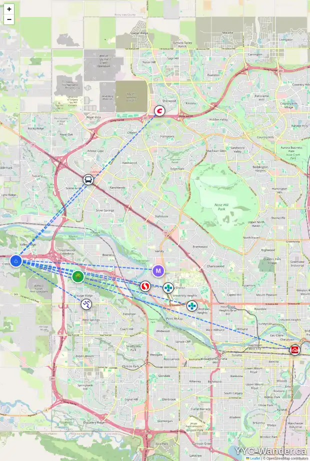Daily accessibility map for 59 CRESTRIDGE WY SW, Calgary showing nearby schools, grocery stores, parks, LRT stations and nearby amenities