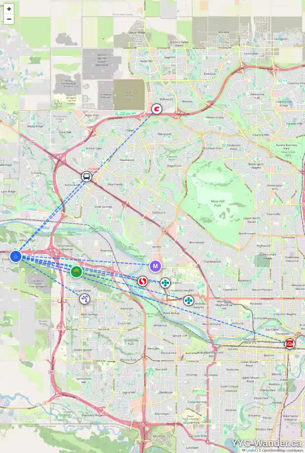 Daily accessibility map for 103 CRESTRIDGE PL SW, Calgary showing nearby schools, grocery stores, parks, LRT stations and nearby amenities