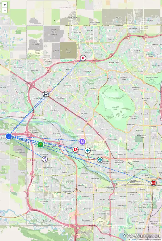 Daily accessibility map for 115 CRESTRIDGE PL SW, Calgary showing nearby schools, grocery stores, parks, LRT stations and nearby amenities
