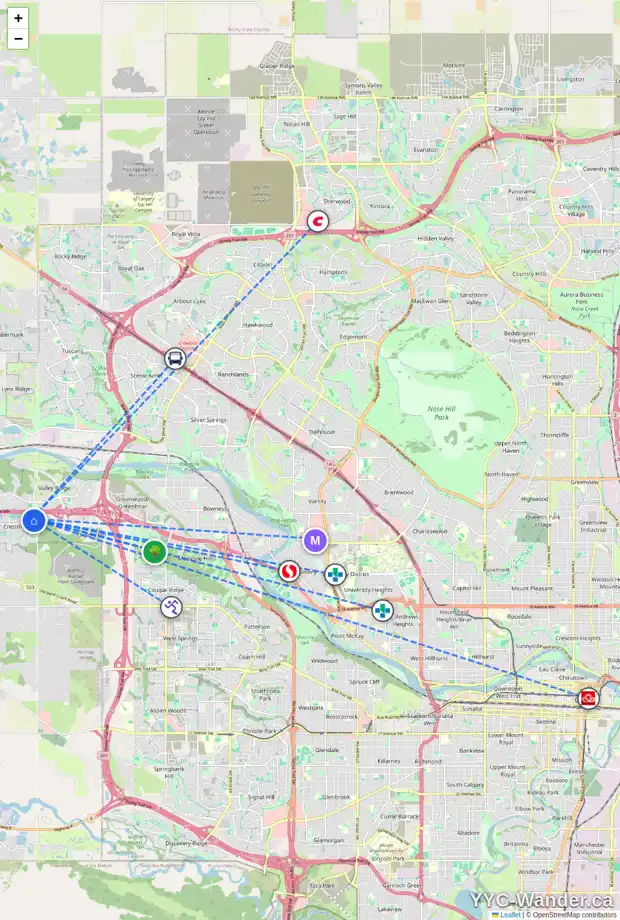 Daily accessibility map for 119 CRESTRIDGE PL SW, Calgary showing nearby schools, grocery stores, parks, LRT stations and nearby amenities