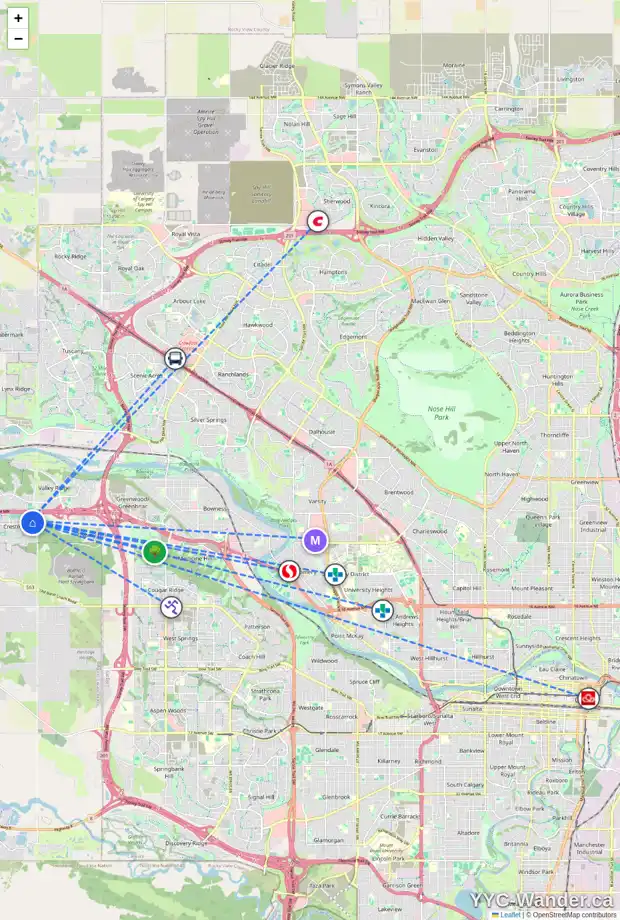 Daily accessibility map for 135 CRESTRIDGE PL SW, Calgary showing nearby schools, grocery stores, parks, LRT stations and nearby amenities