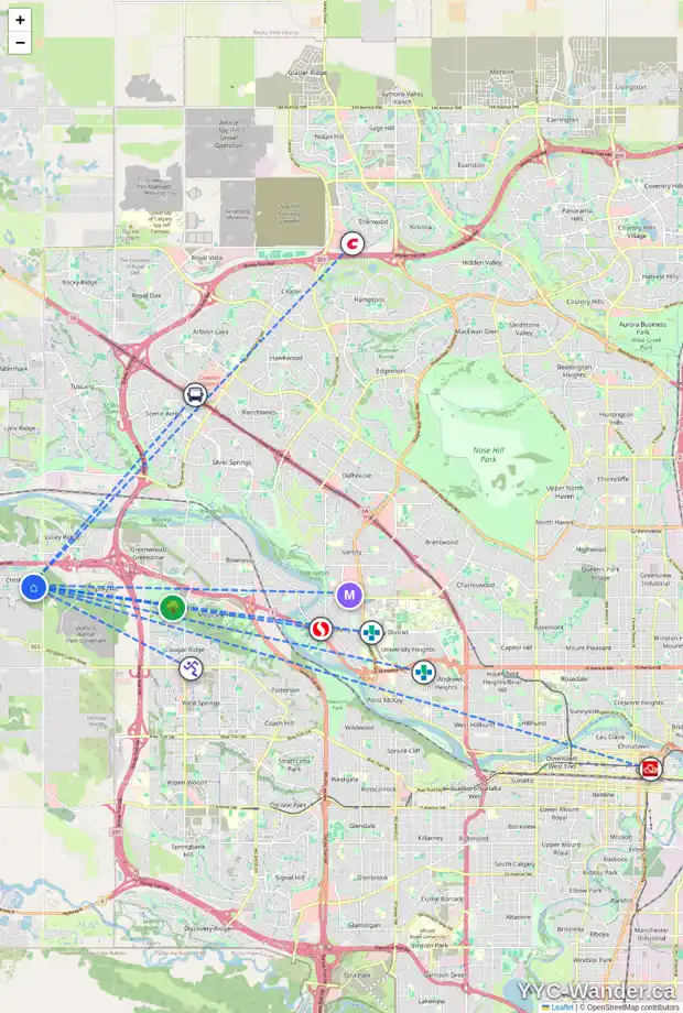 Daily accessibility map for 129 CRESTRIDGE WY SW, Calgary showing nearby schools, grocery stores, parks, LRT stations and nearby amenities
