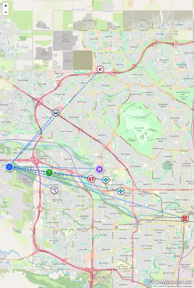 Daily accessibility map for 137 CRESTRIDGE WY SW, Calgary showing nearby schools, grocery stores, parks, LRT stations and nearby amenities