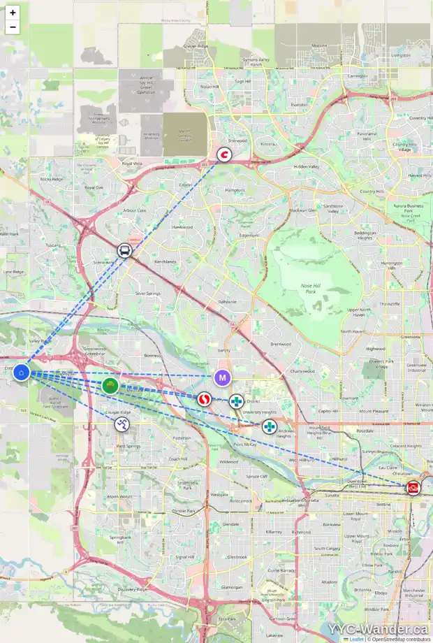 Daily accessibility map for 141 CRESTRIDGE WY SW, Calgary showing nearby schools, grocery stores, parks, LRT stations and nearby amenities