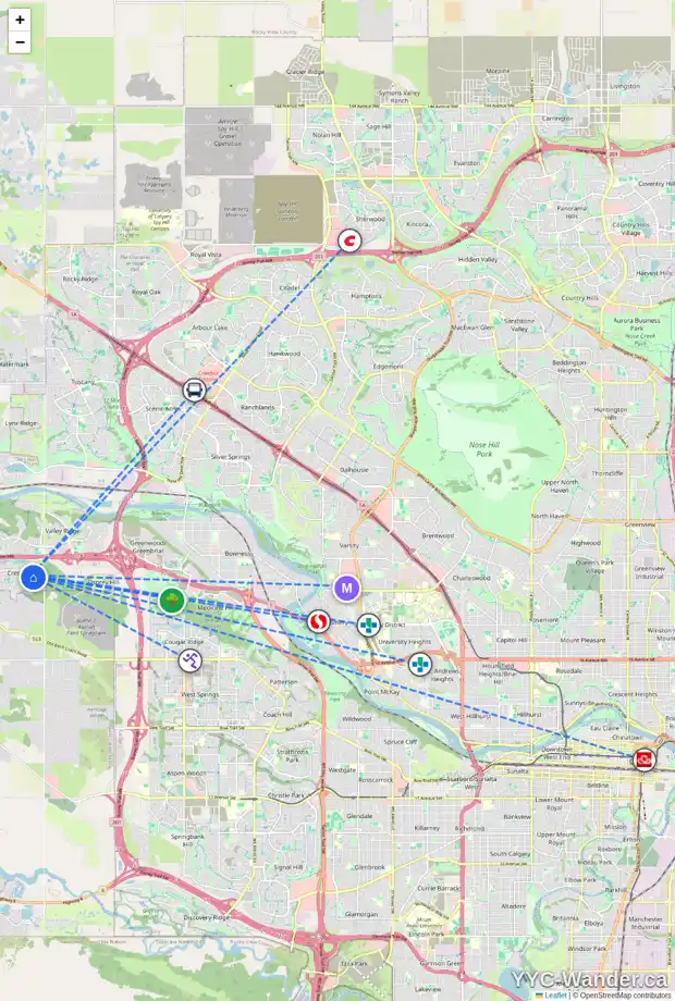 Daily accessibility map for 153 CRESTRIDGE WY SW, Calgary showing nearby schools, grocery stores, parks, LRT stations and nearby amenities