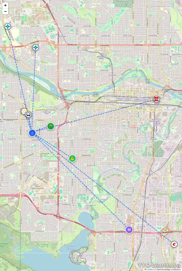 Daily accessibility map for 2403 32 ST SW, Calgary showing nearby schools, grocery stores, parks, LRT stations and nearby amenities