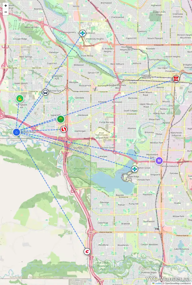 Daily accessibility map for 52 DISCOVERY RIDGE LN SW, Calgary showing nearby schools, grocery stores, parks, LRT stations and nearby amenities