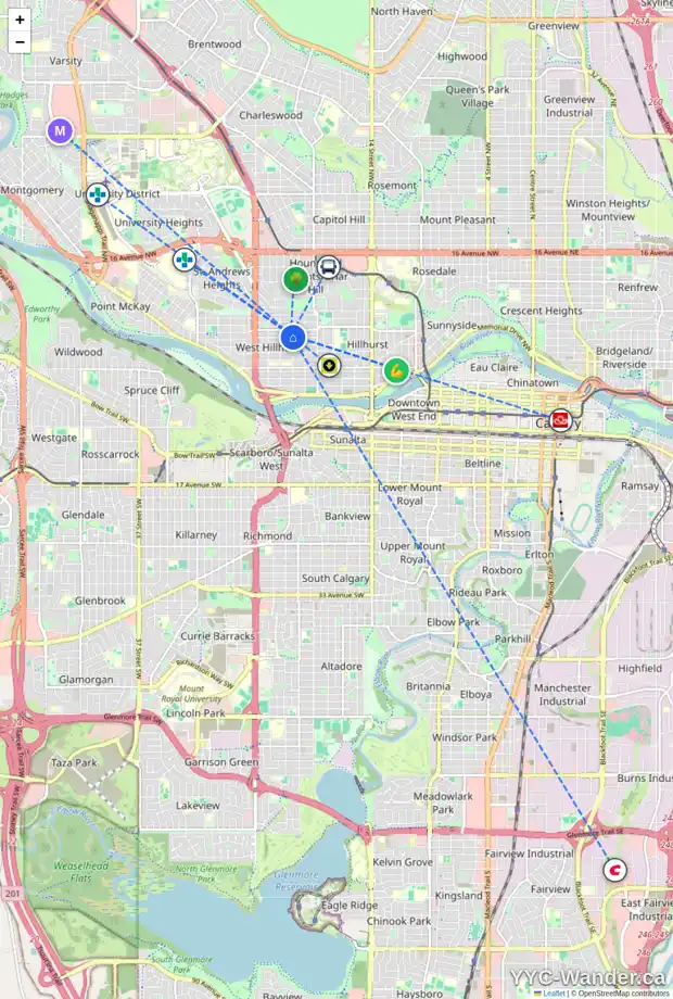 Daily accessibility map for 2206 4 AV NW, Calgary showing nearby schools, grocery stores, parks, LRT stations and nearby amenities