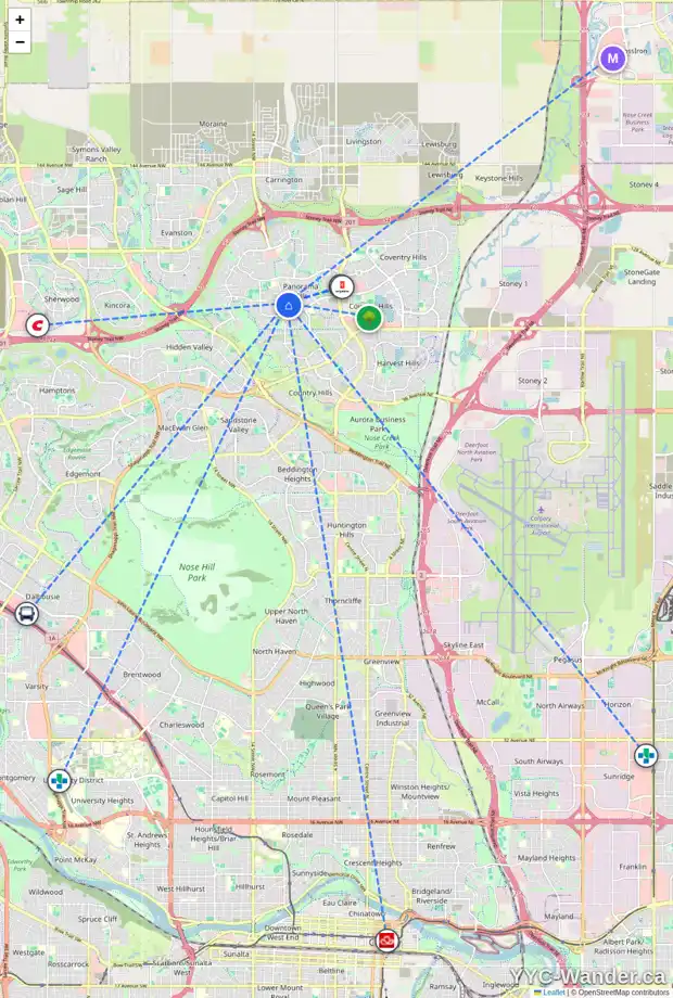 Daily accessibility map for 119 PANAMOUNT LN NW, Calgary showing nearby schools, grocery stores, parks, LRT stations and nearby amenities