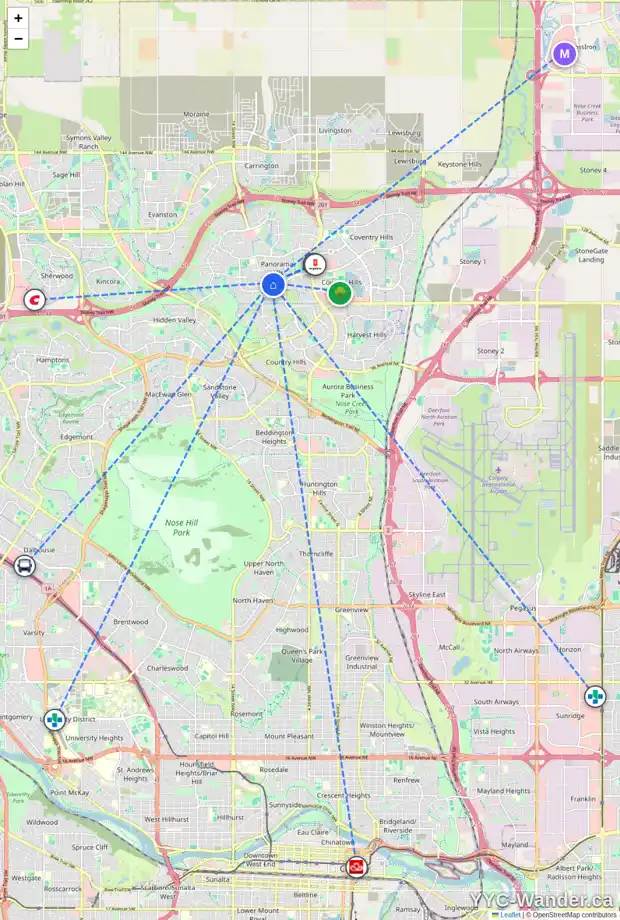 Daily accessibility map for 40 PANAMOUNT LN NW, Calgary showing nearby schools, grocery stores, parks, LRT stations and nearby amenities