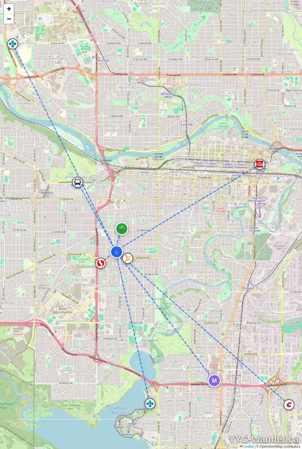 Daily accessibility map for 2125 31 AV SW, Calgary showing nearby schools, grocery stores, parks, LRT stations and nearby amenities