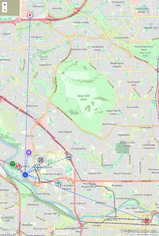 Daily accessibility map for 4539 17 AV NW, Calgary showing nearby schools, grocery stores, parks, LRT stations and nearby amenities