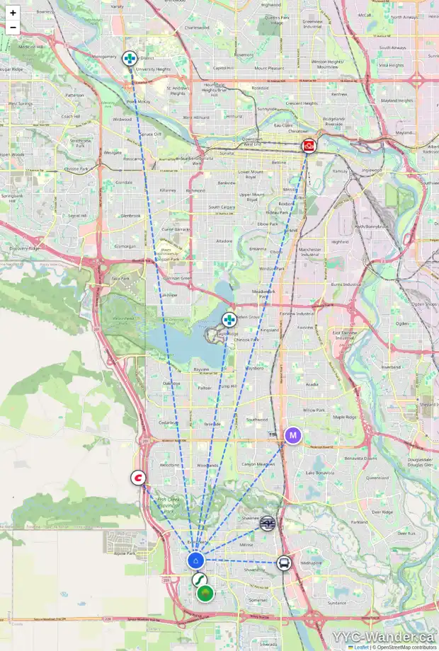 Daily accessibility map for 70 EVERRIDGE CO SW, Calgary showing nearby schools, grocery stores, parks, LRT stations and nearby amenities