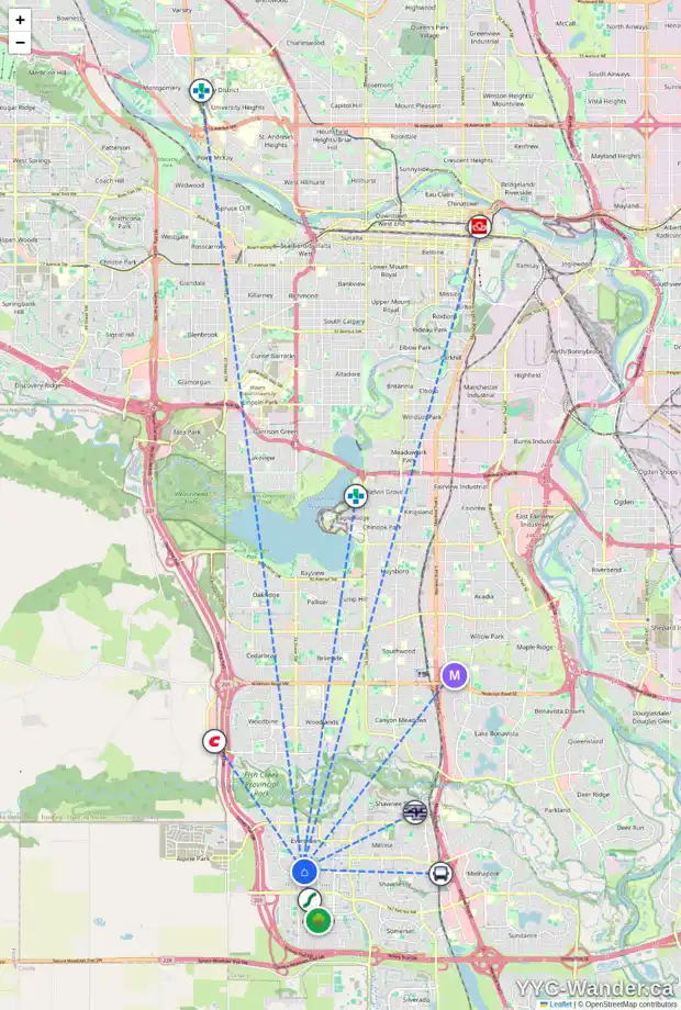 Daily accessibility map for 65 EVERRIDGE CO SW, Calgary showing nearby schools, grocery stores, parks, LRT stations and nearby amenities