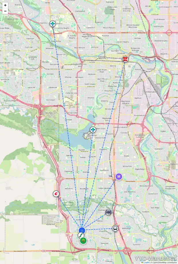 Daily accessibility map for 108 EVERRIDGE WY SW, Calgary showing nearby schools, grocery stores, parks, LRT stations and nearby amenities