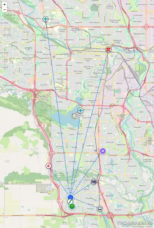 Daily accessibility map for 128 EVERRIDGE WY SW, Calgary showing nearby schools, grocery stores, parks, LRT stations and nearby amenities