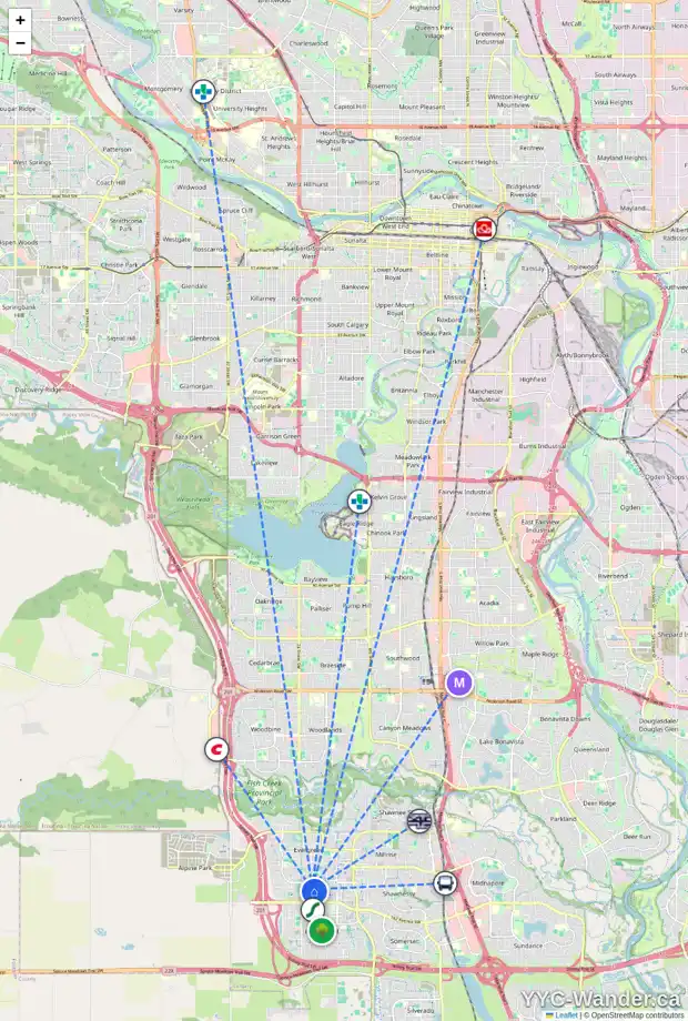 Daily accessibility map for 132 EVERRIDGE WY SW, Calgary showing nearby schools, grocery stores, parks, LRT stations and nearby amenities