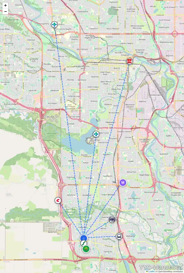 Daily accessibility map for 152 EVERRIDGE WY SW, Calgary showing nearby schools, grocery stores, parks, LRT stations and nearby amenities