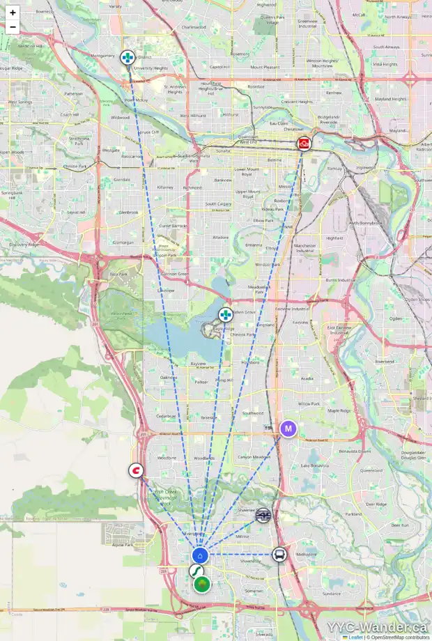 Daily accessibility map for 9 EVERRIDGE WY SW, Calgary showing nearby schools, grocery stores, parks, LRT stations and nearby amenities
