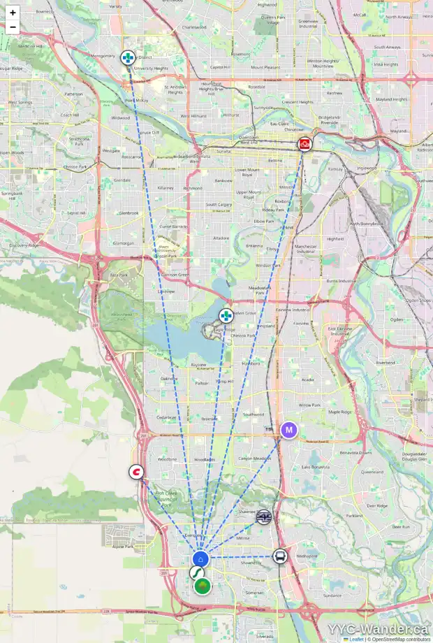Daily accessibility map for 41 EVERRIDGE WY SW, Calgary showing nearby schools, grocery stores, parks, LRT stations and nearby amenities