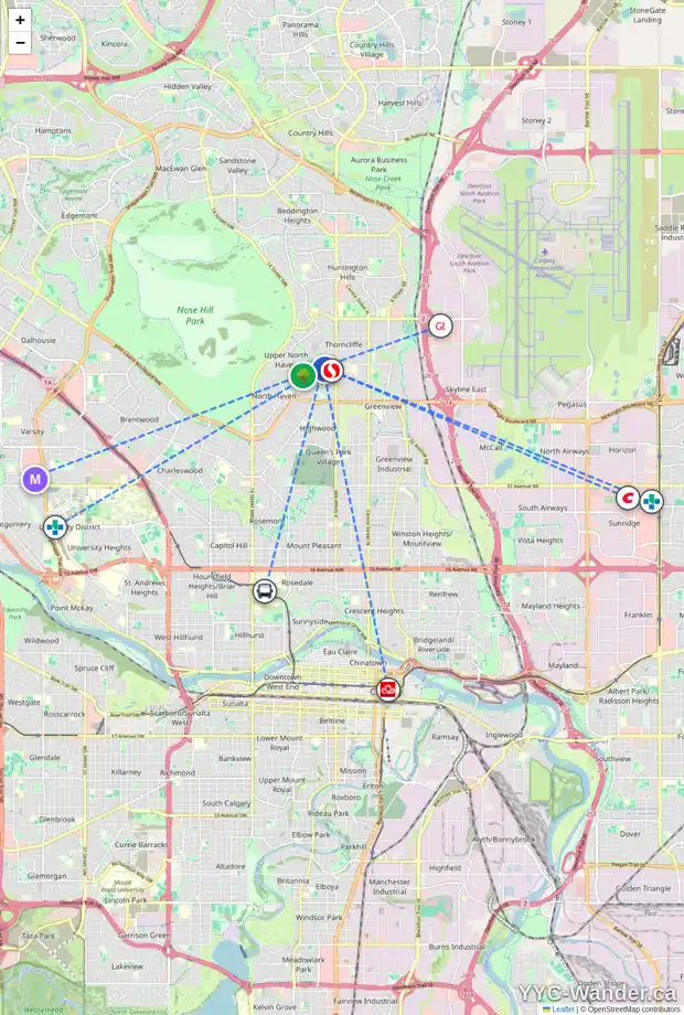 Daily accessibility map for 711 THORNEYCROFT DR NW, Calgary showing nearby schools, grocery stores, parks, LRT stations and nearby amenities