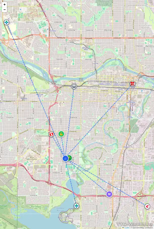 Daily accessibility map for 2002 47 AV SW, Calgary showing nearby schools, grocery stores, parks, LRT stations and nearby amenities