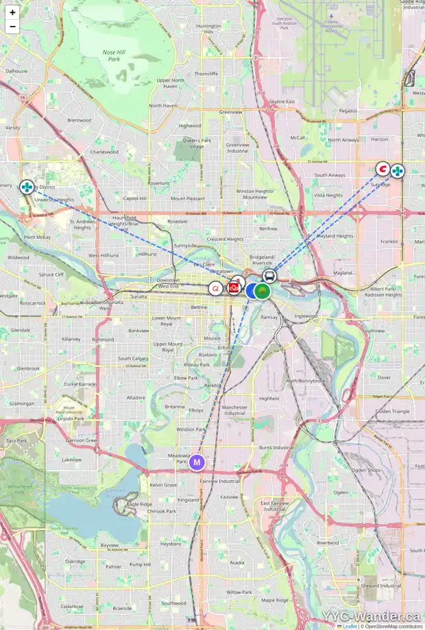 Daily accessibility map for 416 630 8 AV SE, Calgary showing nearby schools, grocery stores, parks, LRT stations and nearby amenities