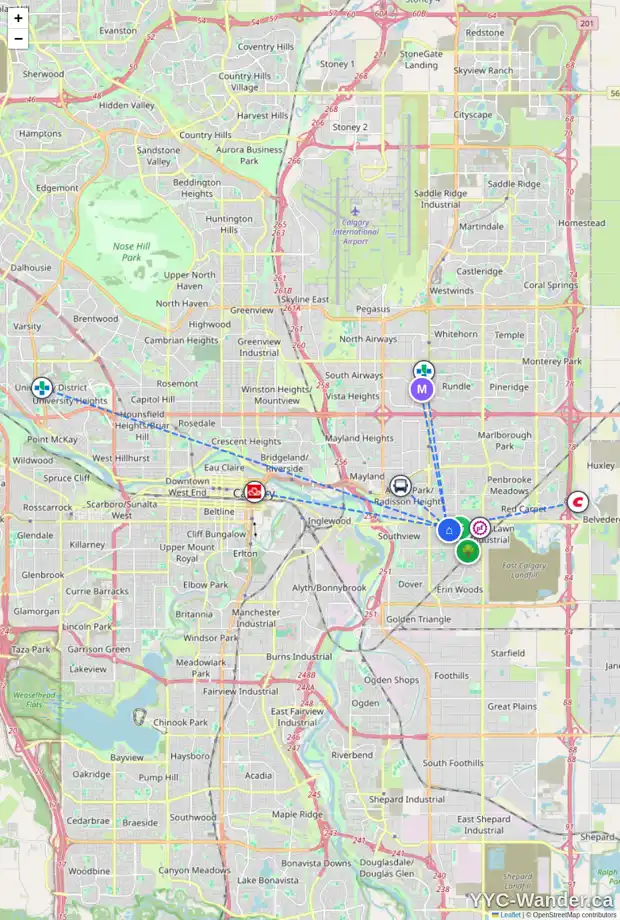 Daily accessibility map for 4203 19 AV SE, Calgary showing nearby schools, grocery stores, parks, LRT stations and nearby amenities