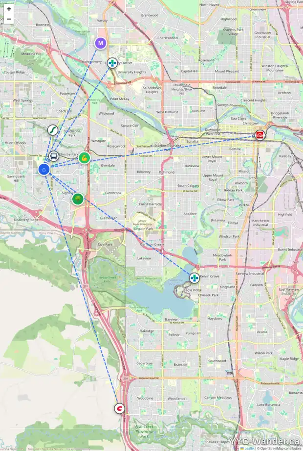 Daily accessibility map for 57 SPRINGBOROUGH BV SW, Calgary showing nearby schools, grocery stores, parks, LRT stations and nearby amenities