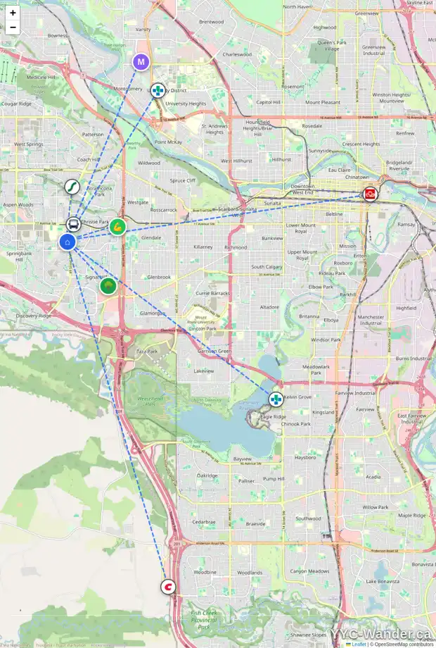 Daily accessibility map for 150 SPRINGBOROUGH WY SW, Calgary showing nearby schools, grocery stores, parks, LRT stations and nearby amenities