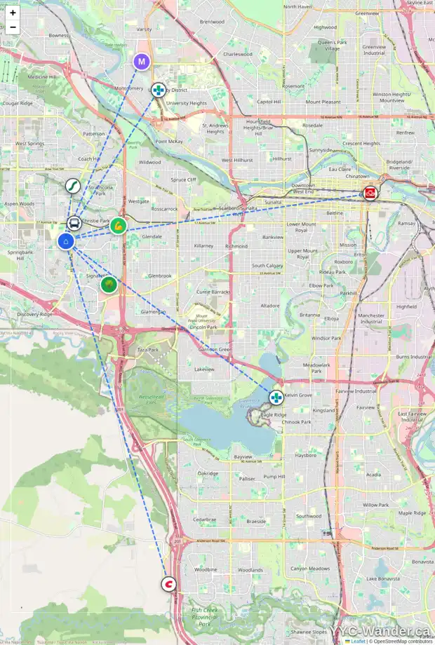Daily accessibility map for 308 SPRINGBOROUGH WY SW, Calgary showing nearby schools, grocery stores, parks, LRT stations and nearby amenities