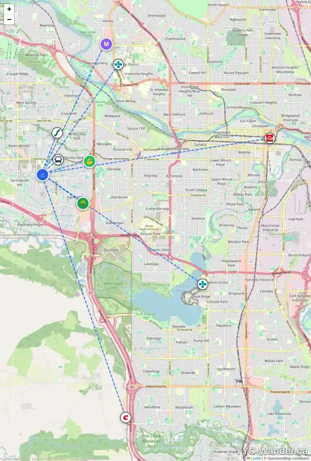 Daily accessibility map for 37 SPRINGBOROUGH CR SW, Calgary showing nearby schools, grocery stores, parks, LRT stations and nearby amenities