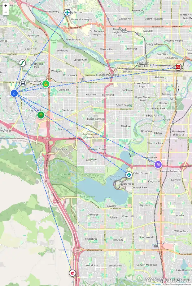Daily accessibility map for 9 SPRINGBOROUGH GR SW, Calgary showing nearby schools, grocery stores, parks, LRT stations and nearby amenities