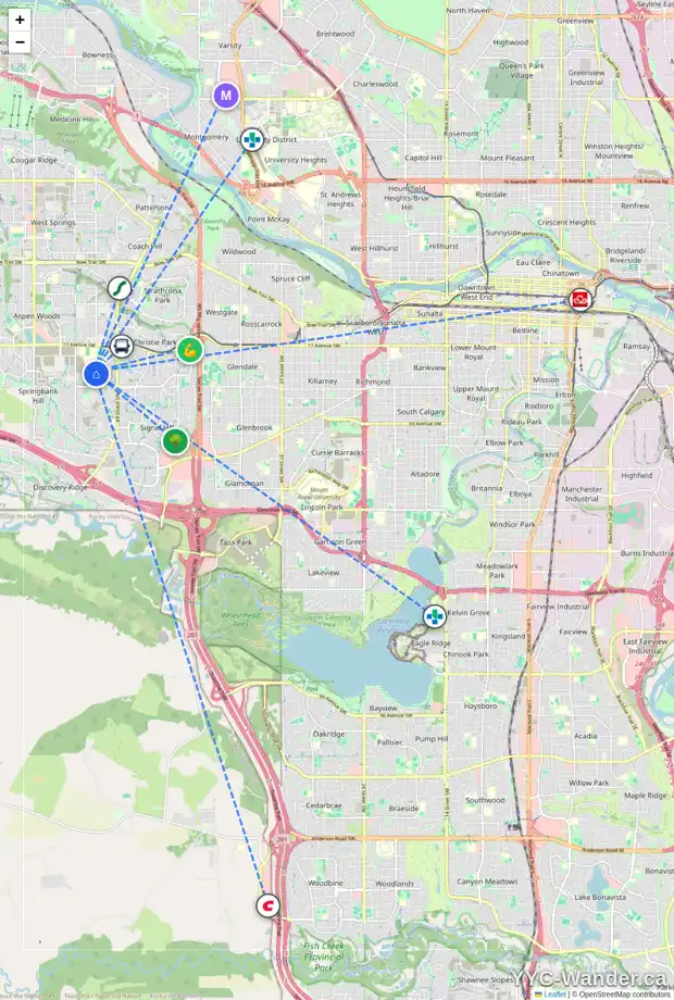 Daily accessibility map for 10 SPRINGBOROUGH GR SW, Calgary showing nearby schools, grocery stores, parks, LRT stations and nearby amenities