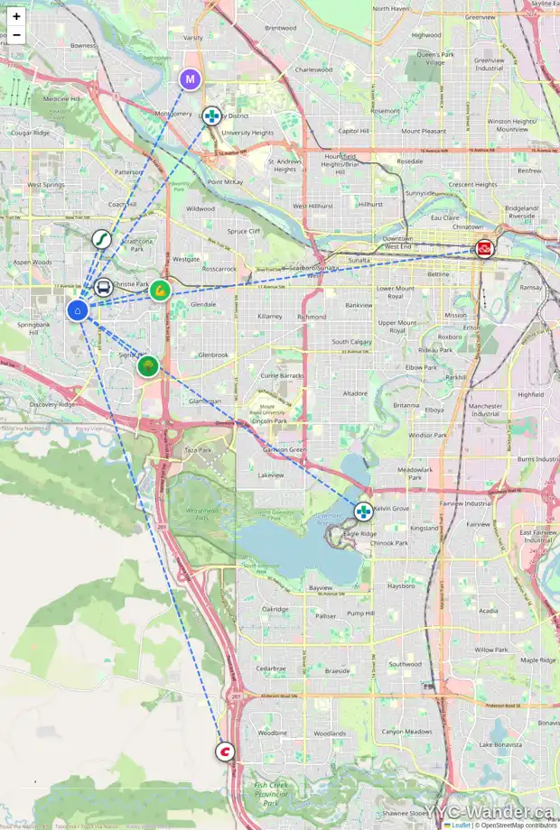 Daily accessibility map for 46 SPRINGBOROUGH GR SW, Calgary showing nearby schools, grocery stores, parks, LRT stations and nearby amenities