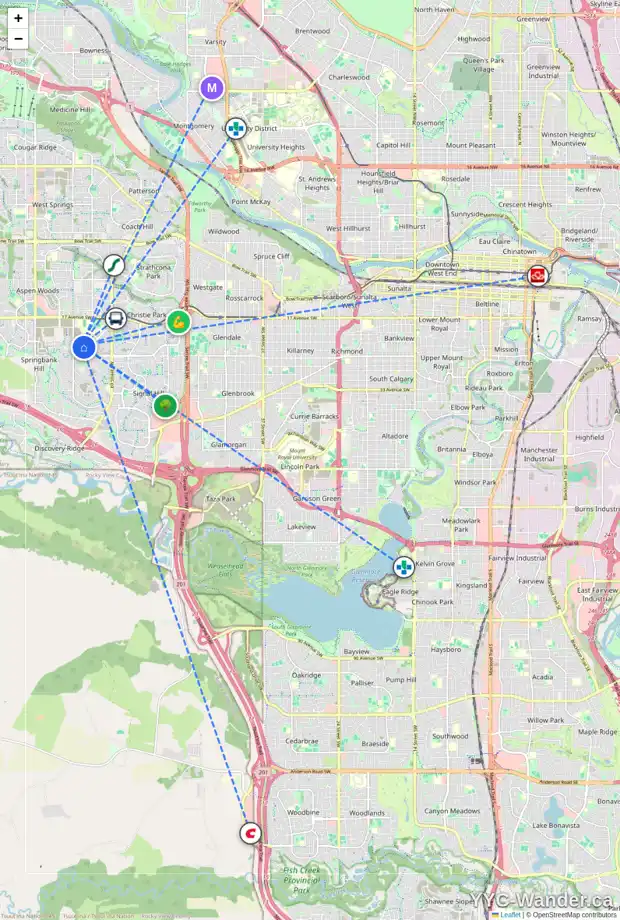 Daily accessibility map for 71 SPRINGBOROUGH GR SW, Calgary showing nearby schools, grocery stores, parks, LRT stations and nearby amenities