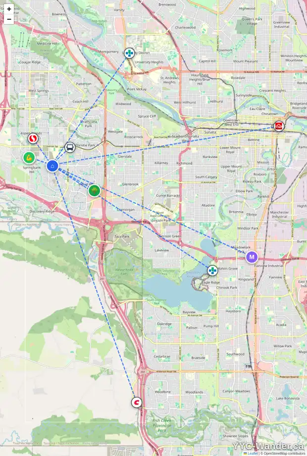 Daily accessibility map for 137 SPRINGBOROUGH GR SW, Calgary showing nearby schools, grocery stores, parks, LRT stations and nearby amenities