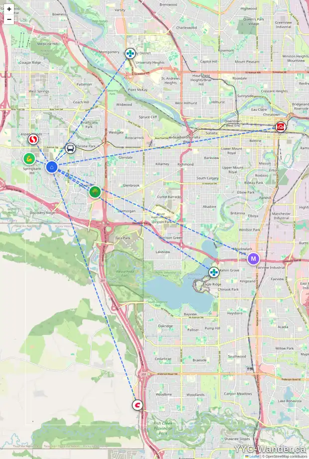 Daily accessibility map for 149 SPRINGBOROUGH GR SW, Calgary showing nearby schools, grocery stores, parks, LRT stations and nearby amenities