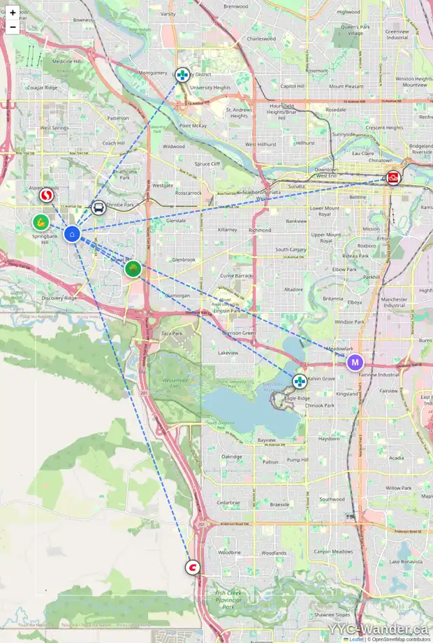 Daily accessibility map for 153 SPRINGBOROUGH GR SW, Calgary showing nearby schools, grocery stores, parks, LRT stations and nearby amenities