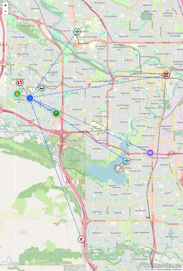 Daily accessibility map for 166 SPRINGBOROUGH GR SW, Calgary showing nearby schools, grocery stores, parks, LRT stations and nearby amenities