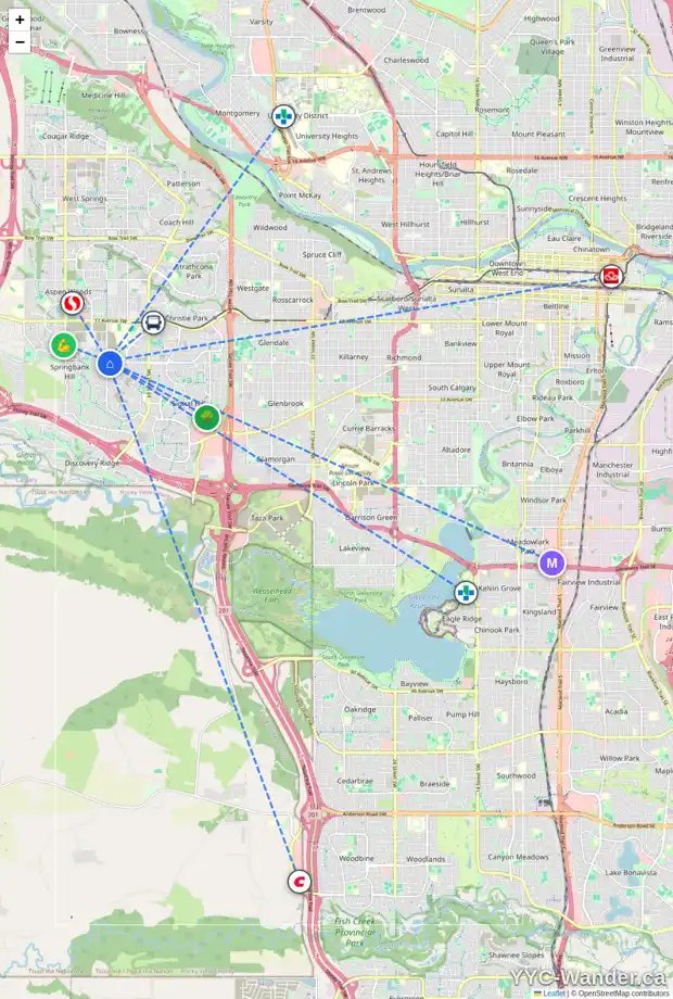 Daily accessibility map for 170 SPRINGBOROUGH GR SW, Calgary showing nearby schools, grocery stores, parks, LRT stations and nearby amenities