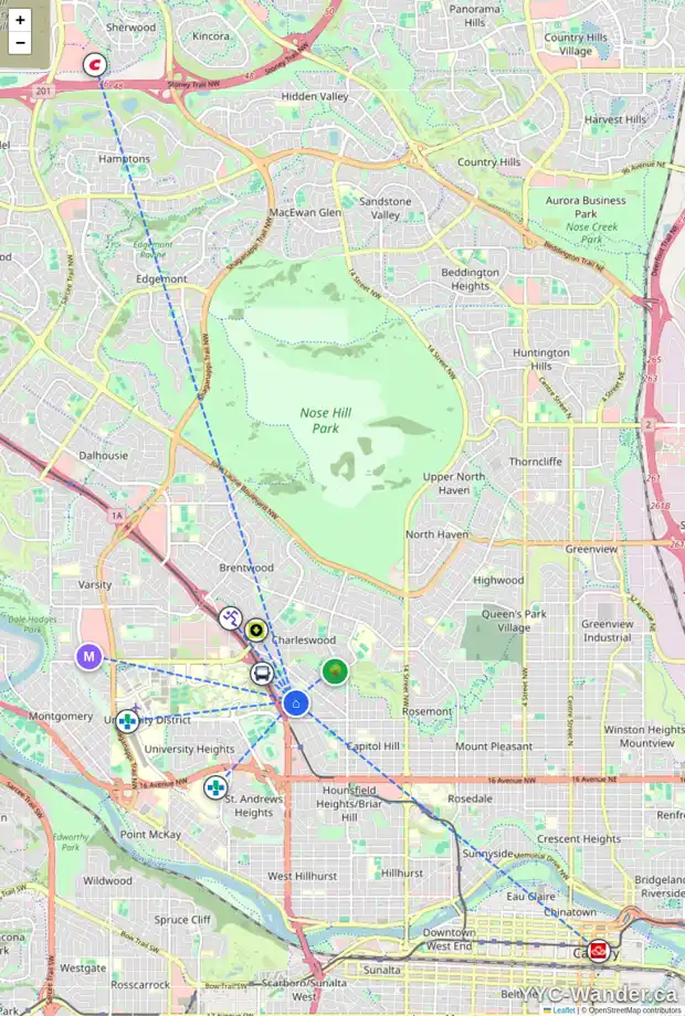 Daily accessibility map for 2423 27 AV NW, Calgary showing nearby schools, grocery stores, parks, LRT stations and nearby amenities
