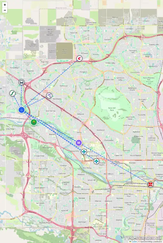 Daily accessibility map for 218 TUSCANY RAVINE CL NW, Calgary showing nearby schools, grocery stores, parks, LRT stations and nearby amenities