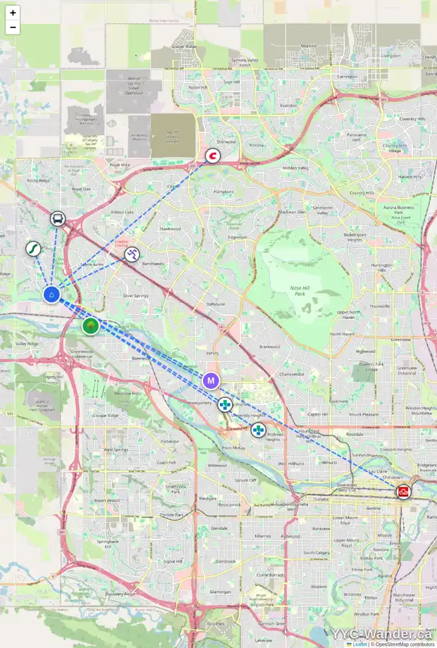 Daily accessibility map for 57 TUSCANY RAVINE CL NW, Calgary showing nearby schools, grocery stores, parks, LRT stations and nearby amenities