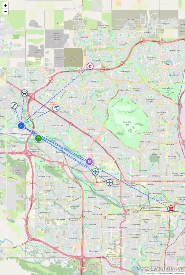 Daily accessibility map for 90 TUSCANY RAVINE CL NW, Calgary showing nearby schools, grocery stores, parks, LRT stations and nearby amenities